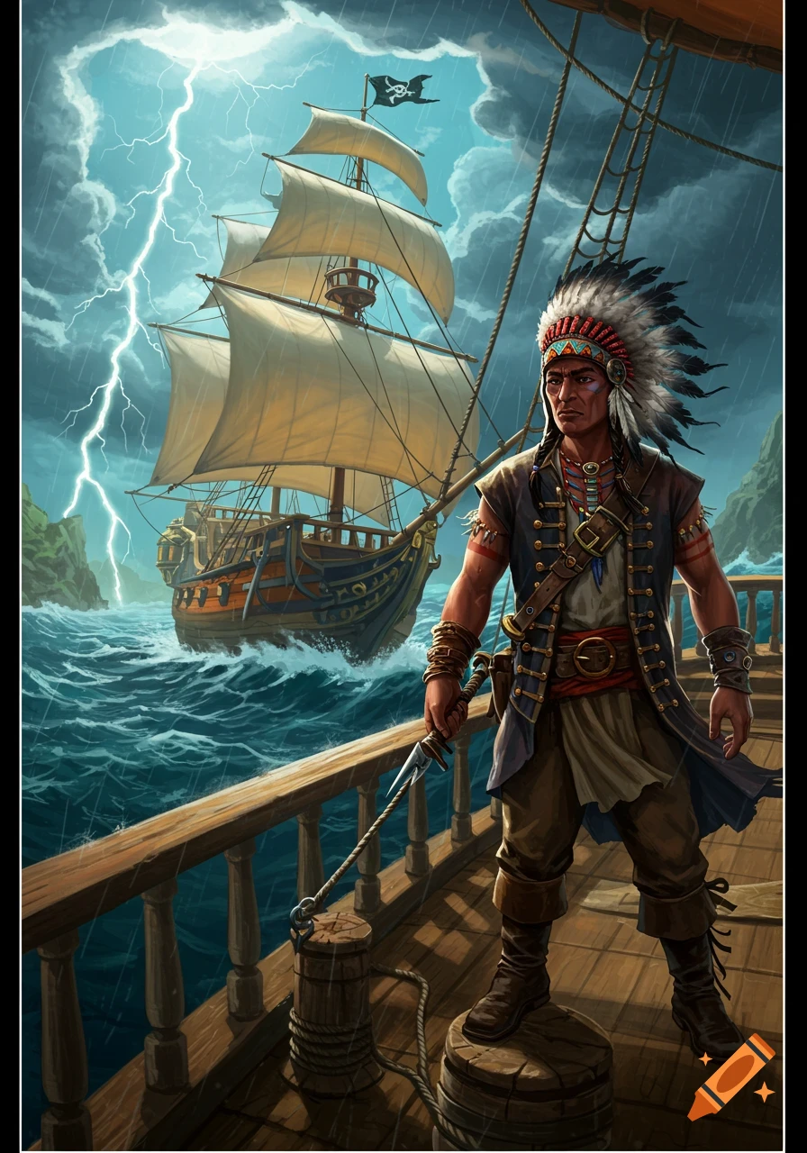 A Native American stands on a pirate ship deck in a stormy sea, lightning flashes in the sky.
