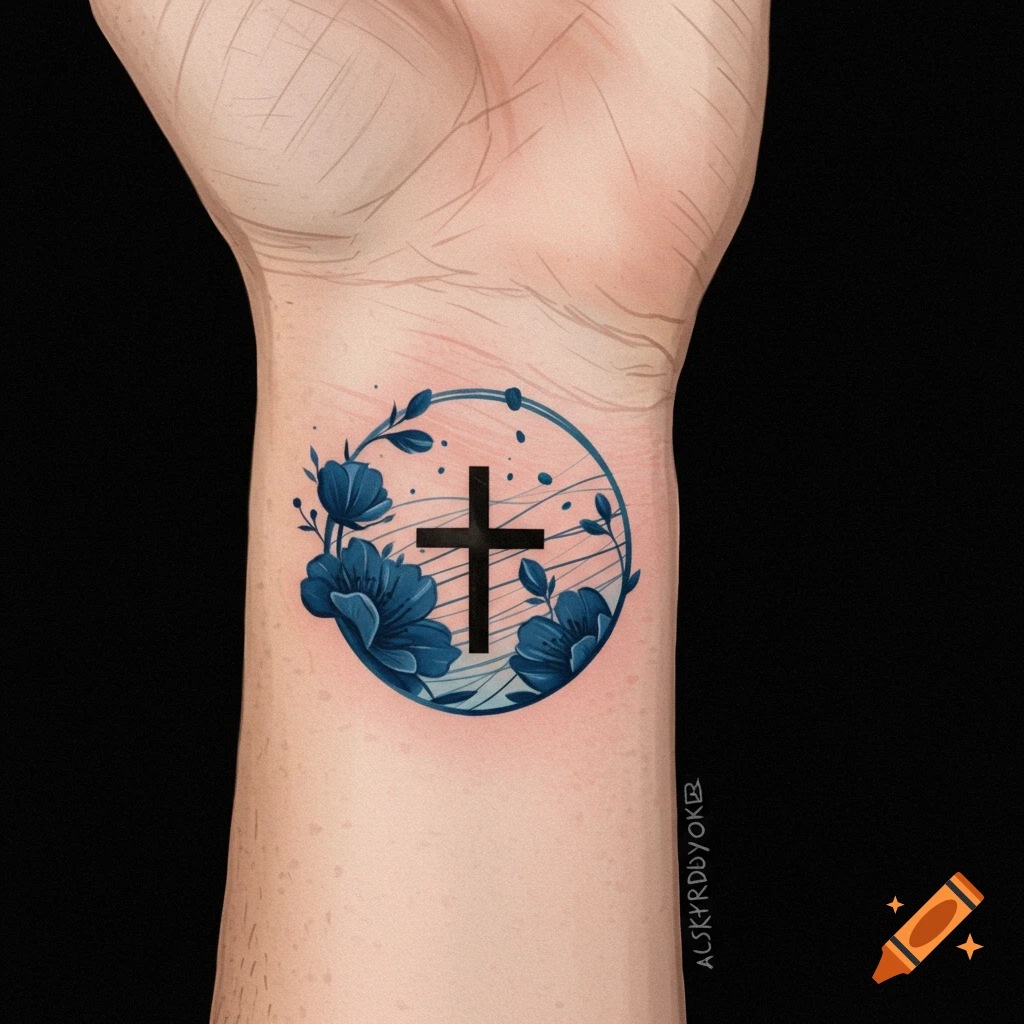 Wrist tattoo design featuring a cross within a blue circle, surrounded by  blue flowers and delicate lines. on Craiyon, image size:1024x1024