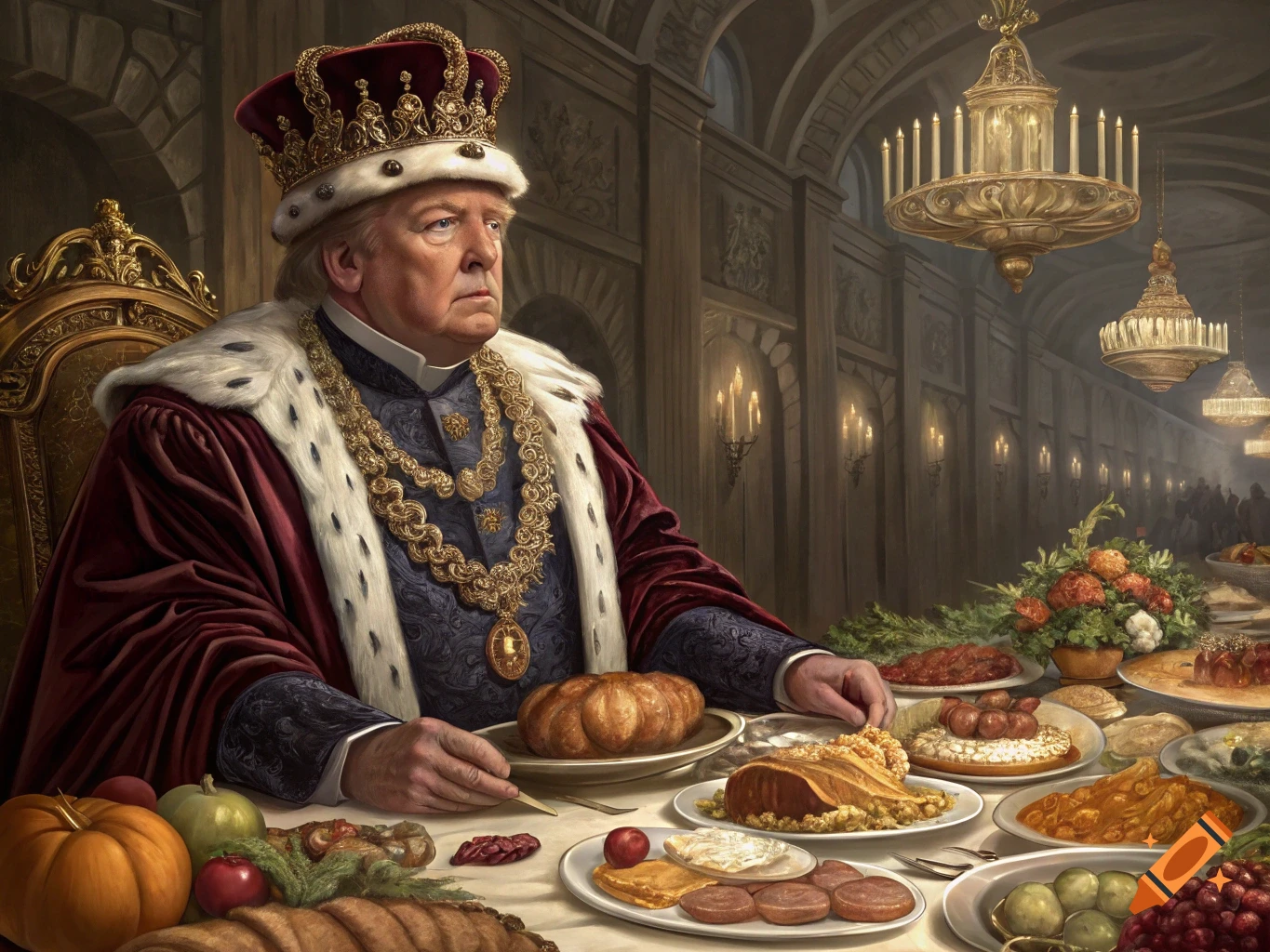 Donald Trump dressed as a king sits at a large table laden with food in a grand hall.