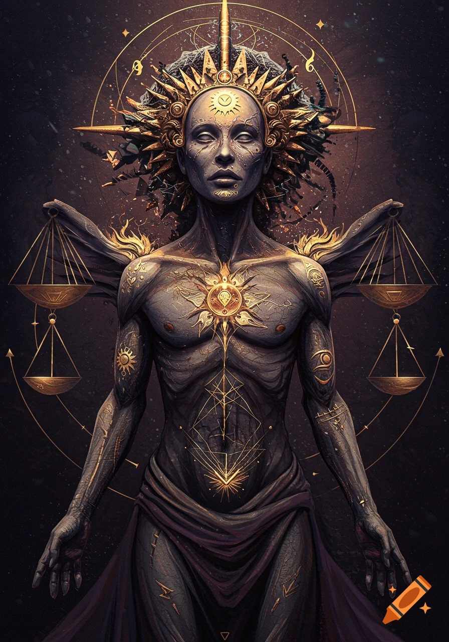 A dark, stylized figure with scales for arms, golden celestial symbols, and a sun crown.
