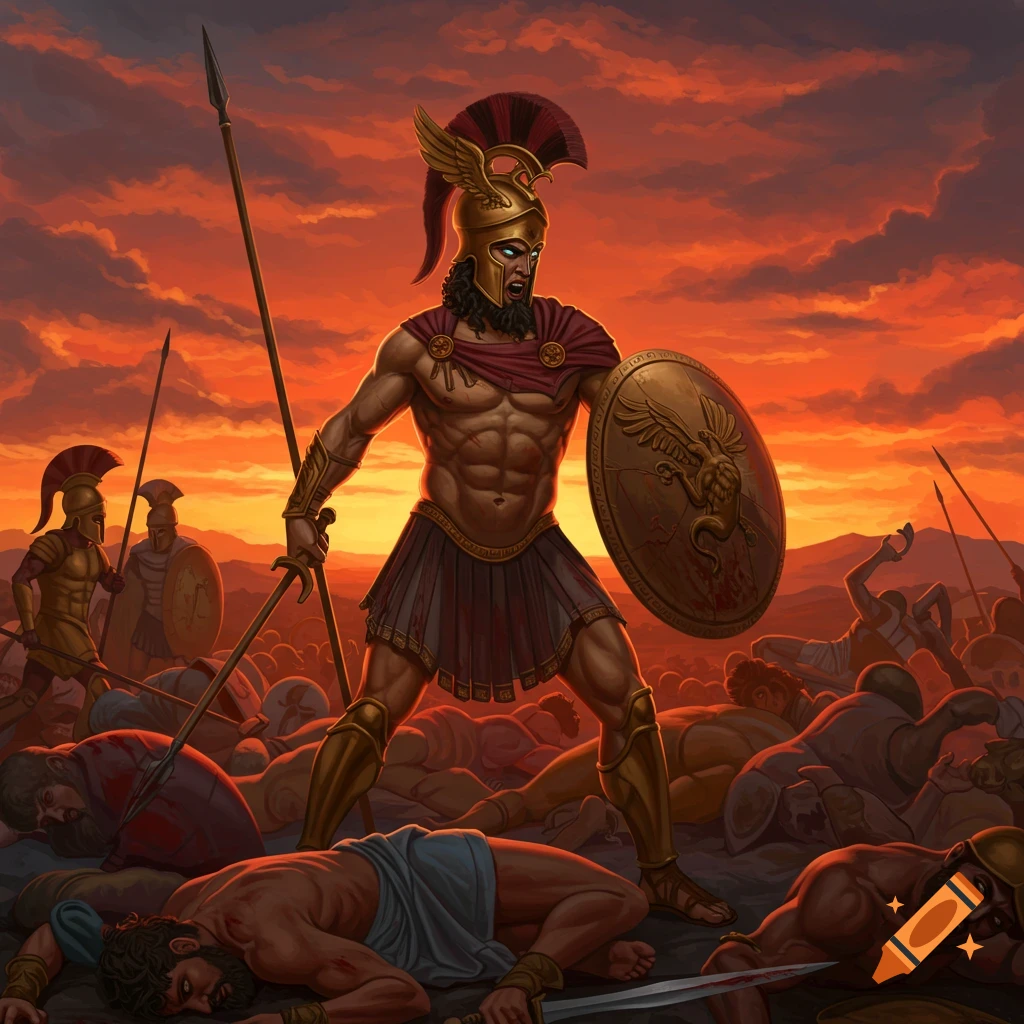 Greek warrior standing over fallen enemies on a battlefield at sunset, digital painting