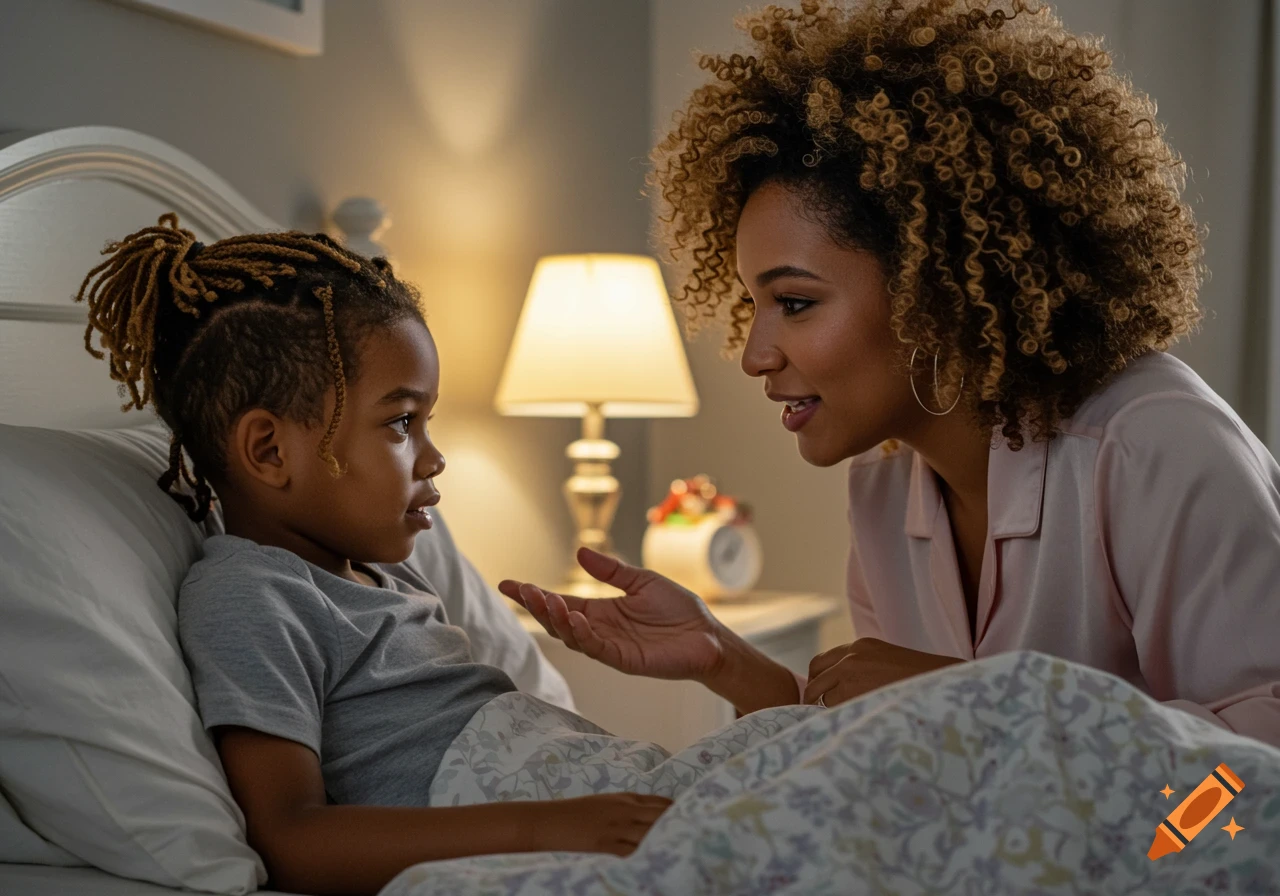 Mother talks to her son tucked in bed at night.