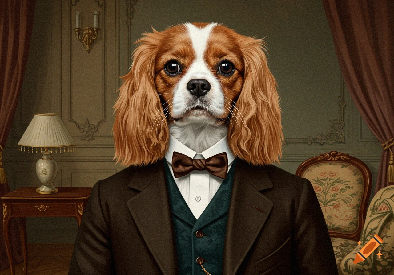 Painting of a Cavalier King Charles Spaniel dog in a suit, shirt, vest, and bow tie, in a fancy room.