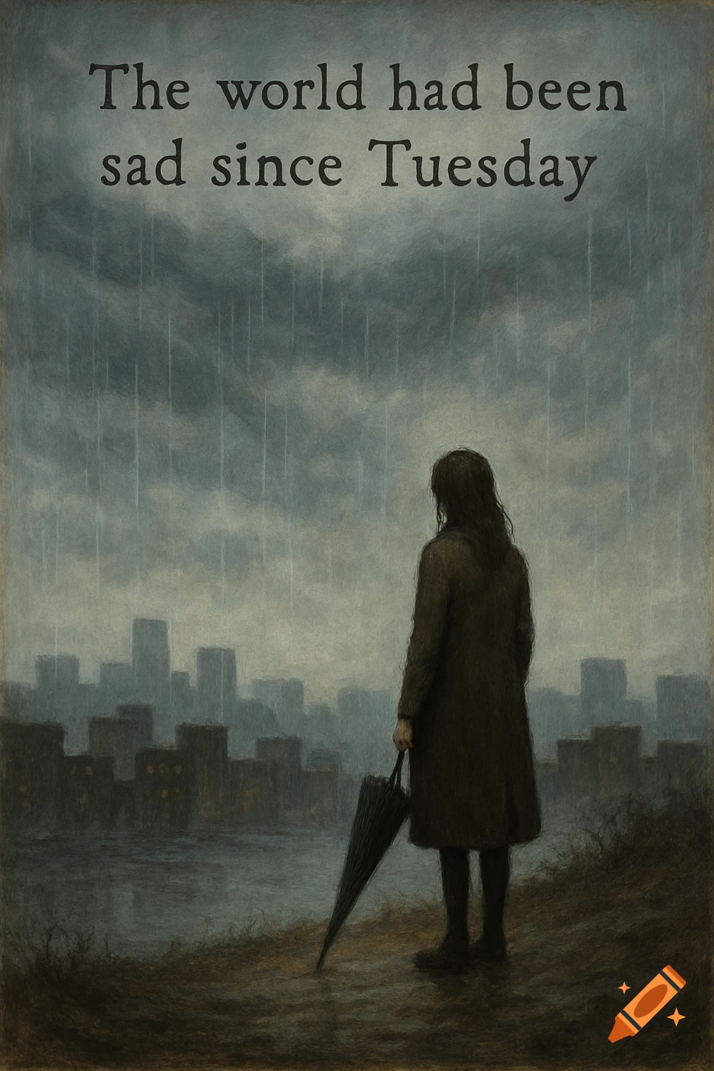 Figure with umbrella watches rain over city skyline. Text: The world had been sad since Tuesday.