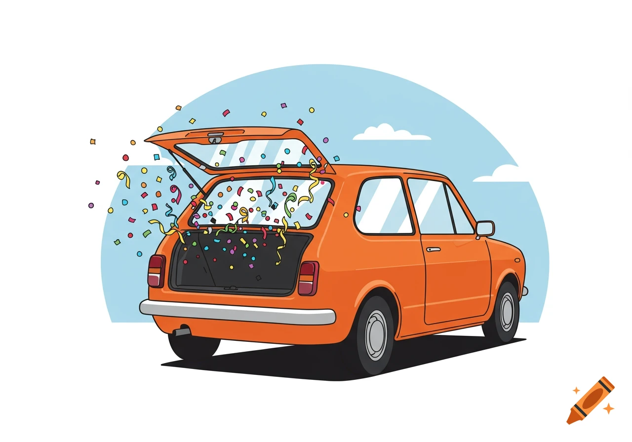 Clip art of an orange car with the trunk open and confetti flying out.