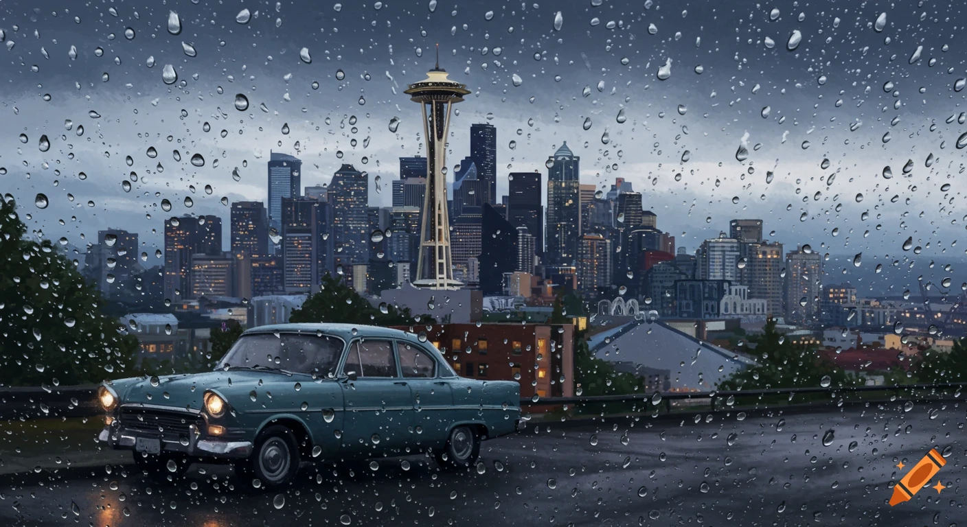 Seattle Riany View A vintage car parked with a rainy view of the Seattle skyline and Space ...