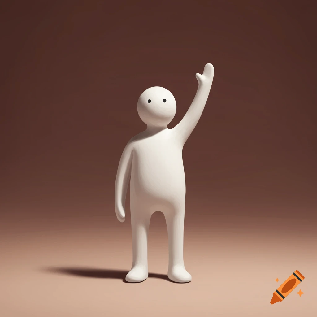 A simple white figure stands with one arm raised against a brown background.