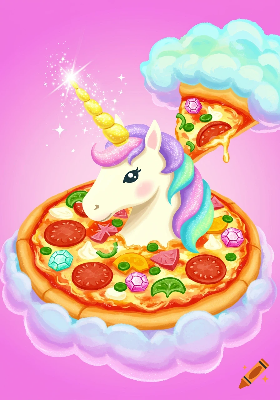 Whimsical cartoon of a unicorn on a pizza surrounded by clouds, with sparkling horn and floating pizza slice.