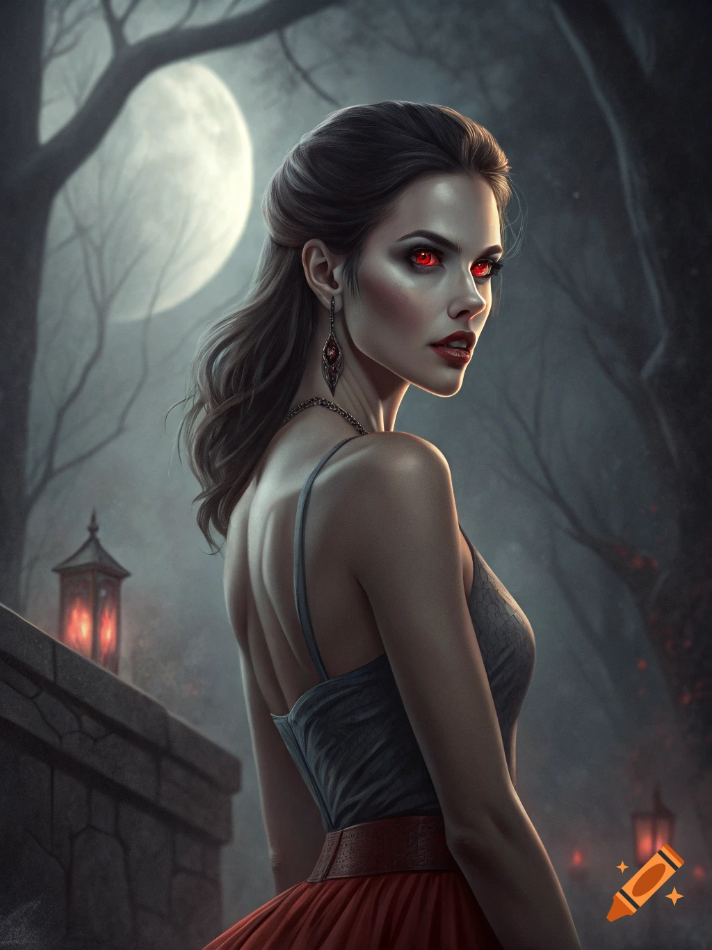 A woman with red eyes looks back over her shoulder in a misty forest under a full moon.