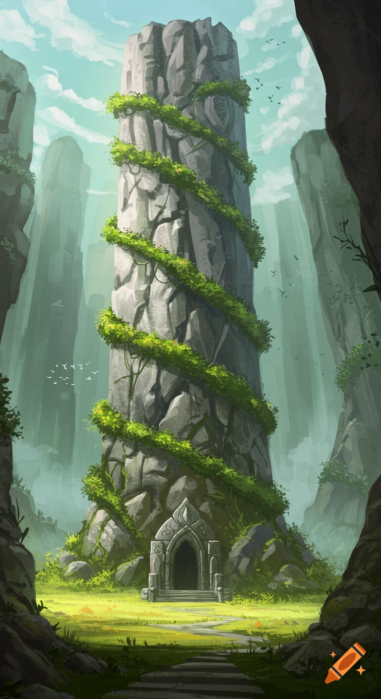 Digital painting of a tall stone tower covered in vines with an ancient ...