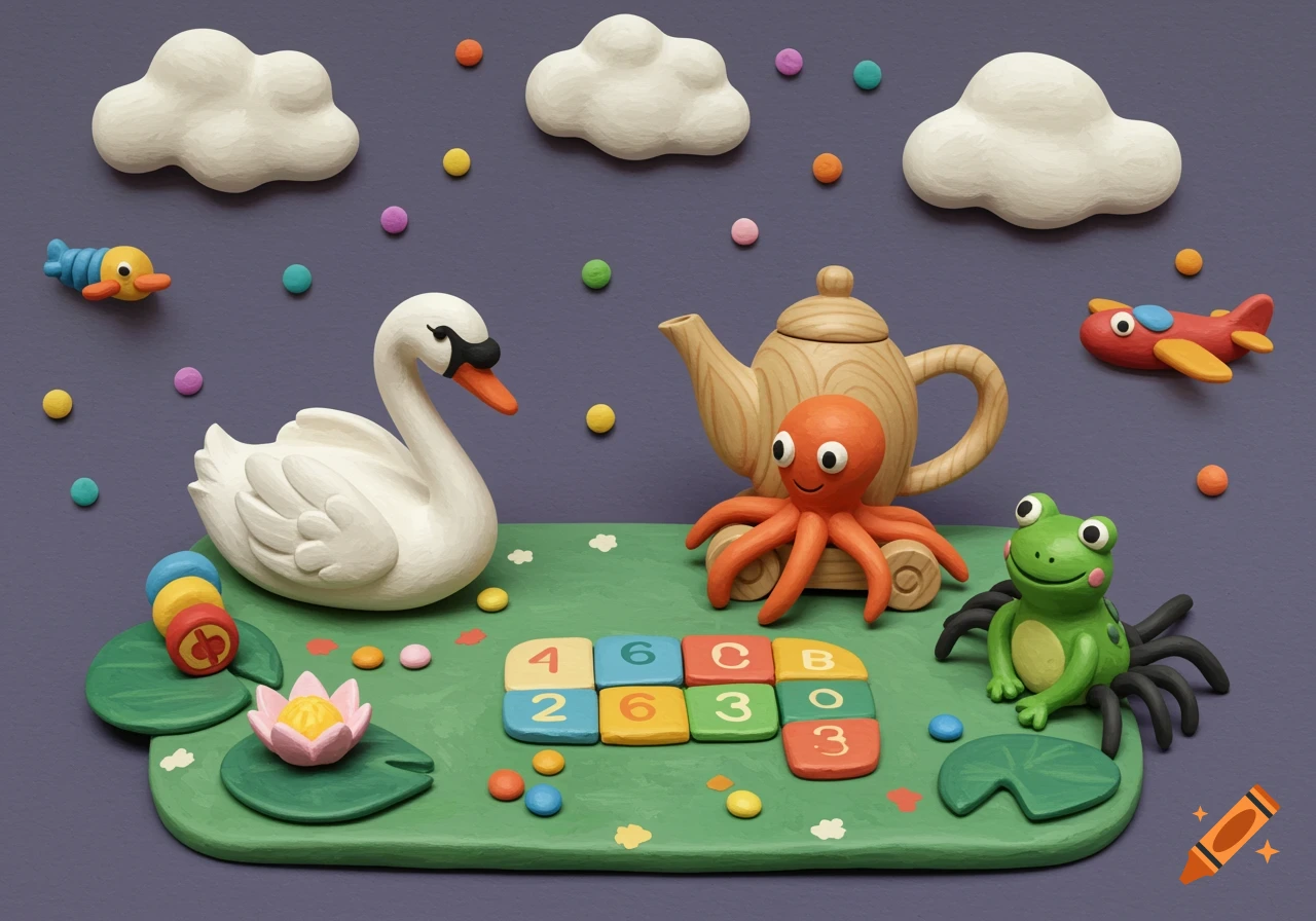 Clay models of a swan, octopus, frog, spider, and toys on a green mat with game tiles.