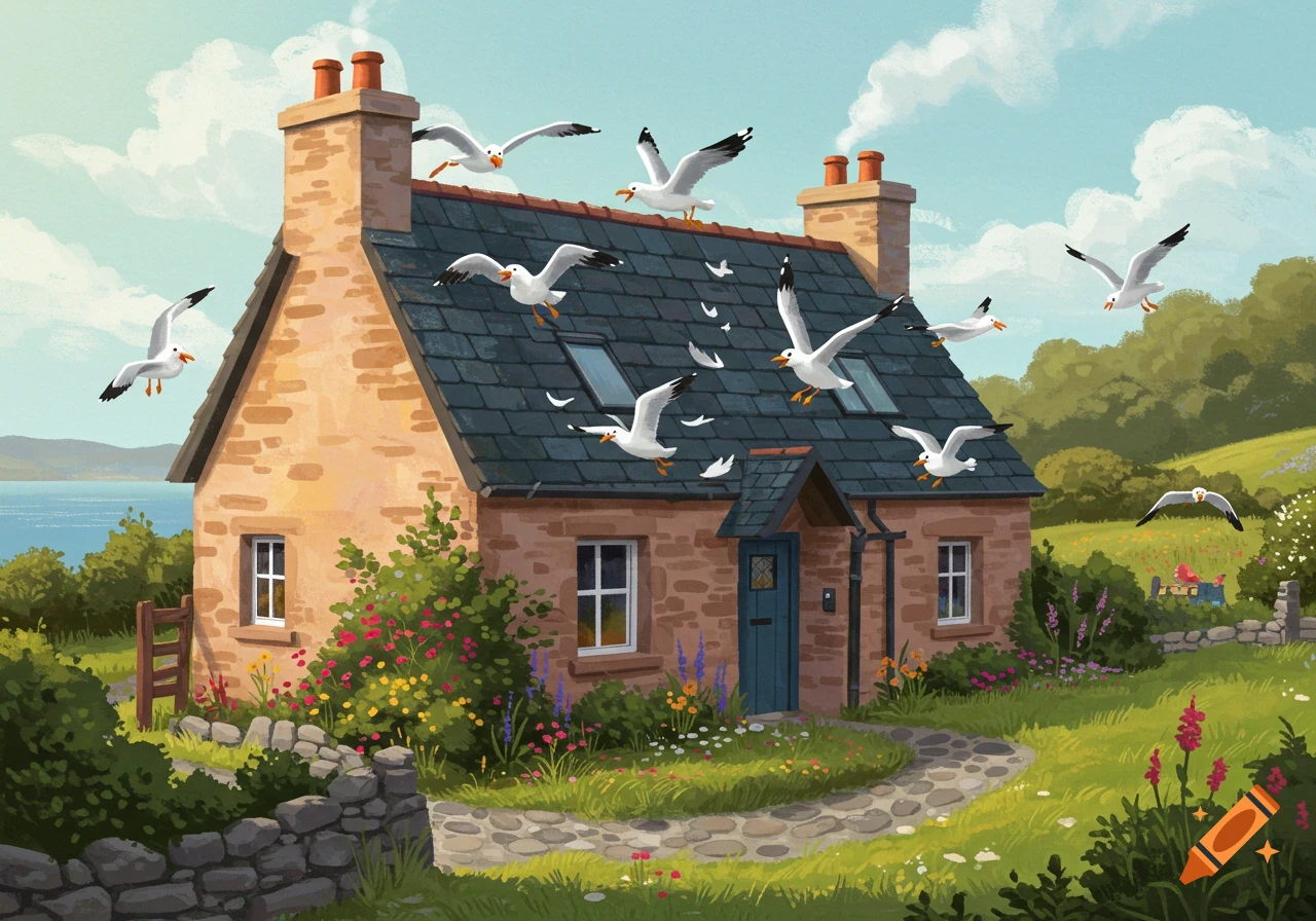 Illustration of seagulls flying around a stone cottage with a dark roof, garden, and distant hills and water.