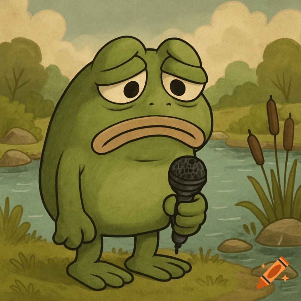 Sad cartoon frog holding a microphone by a pond.
