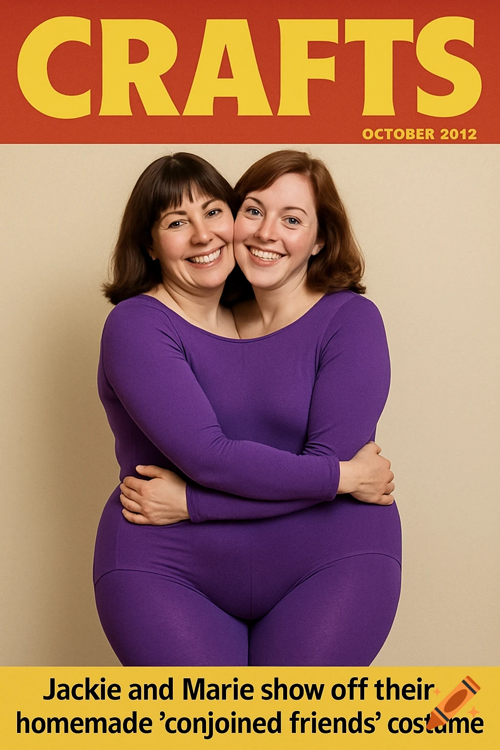 Magazine cover of two women in a purple conjoined costume, with text overlay.
