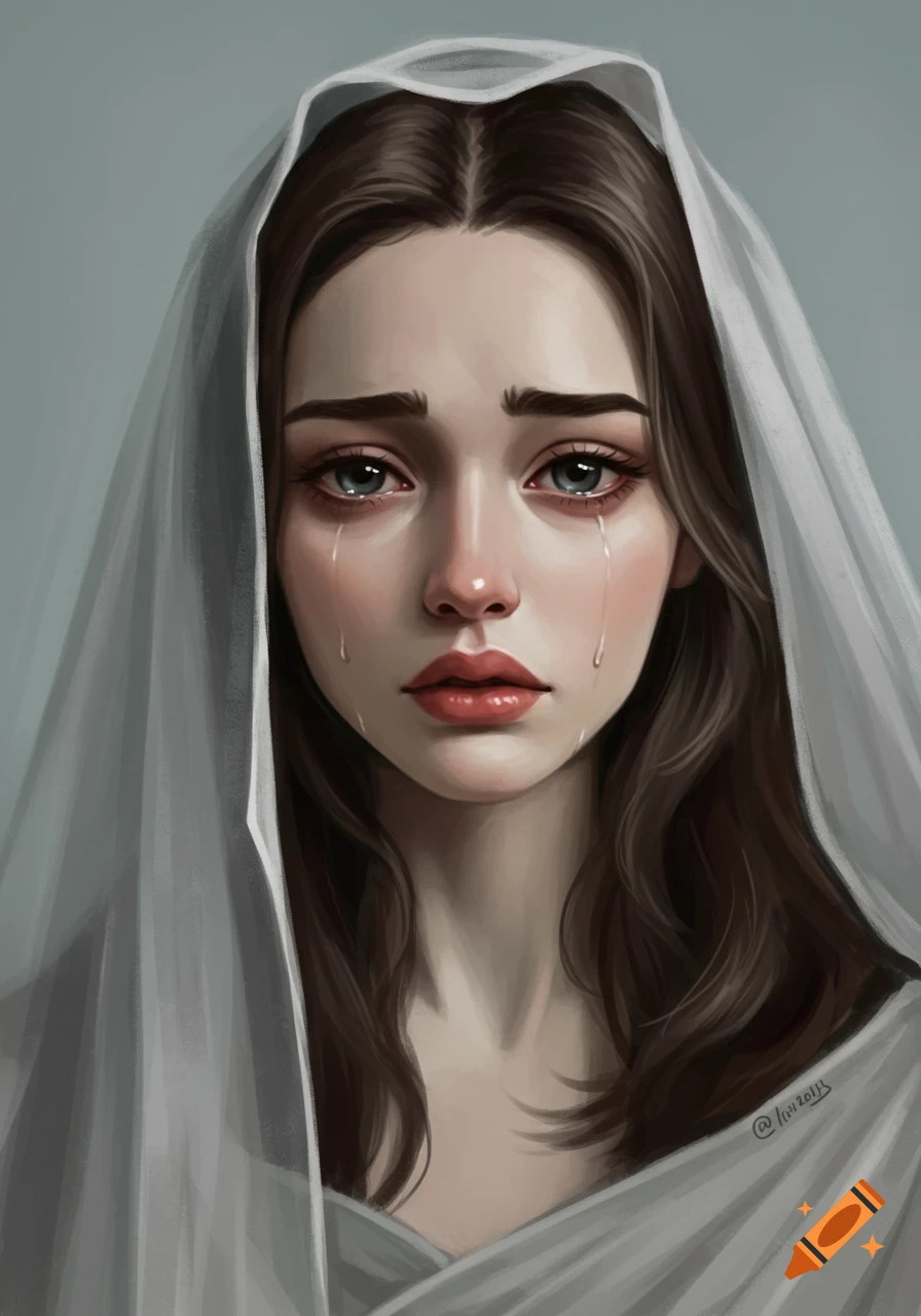 Digital painting of a sad woman with tears in her eyes, wearing a white veil.