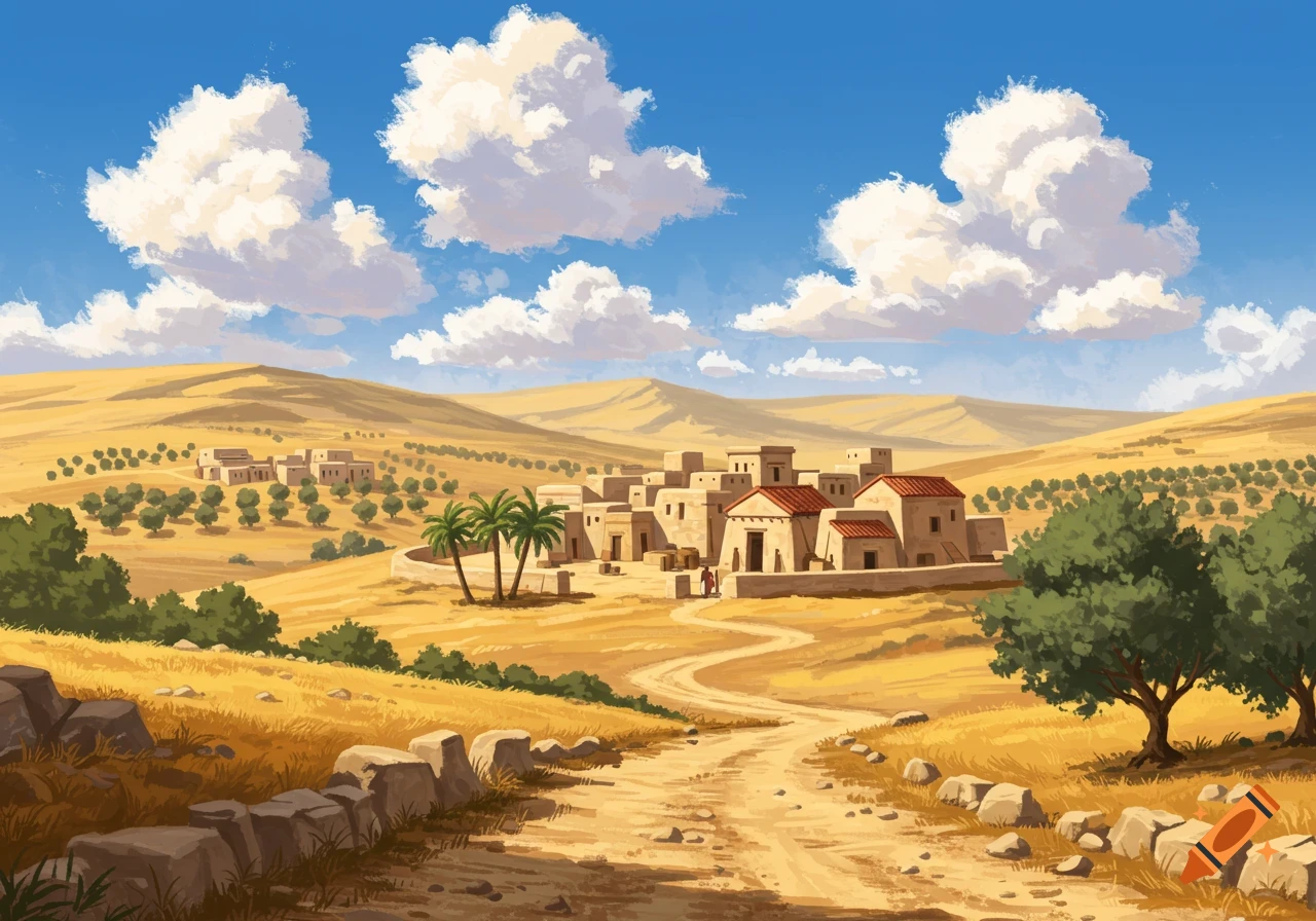Painting of an ancient village in a desert landscape with a dirt road