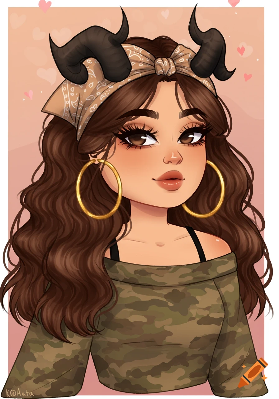 Cartoon illustration of a girl with horns, bandana, gold hoops, and camo shirt.