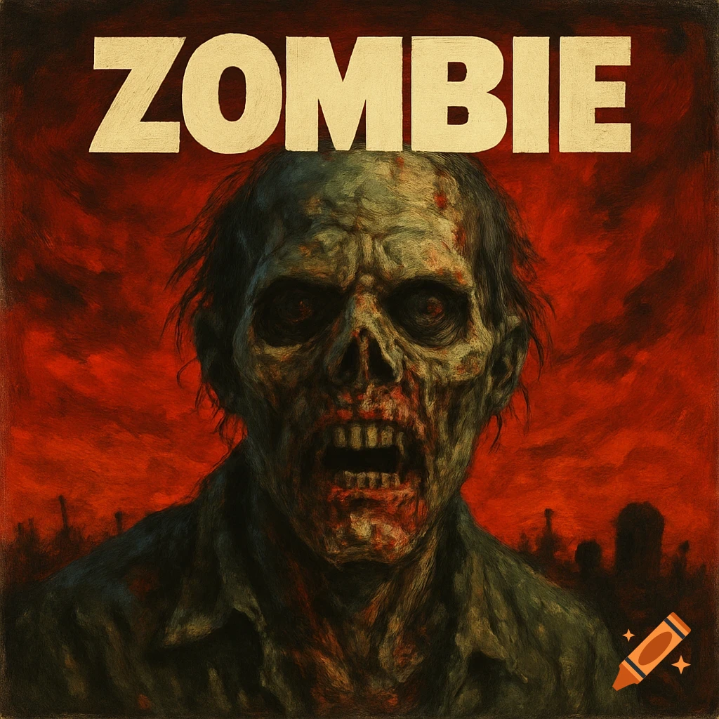 Illustration of a gruesome zombie face with blood, red background, and the word 'ZOMBIE' above.