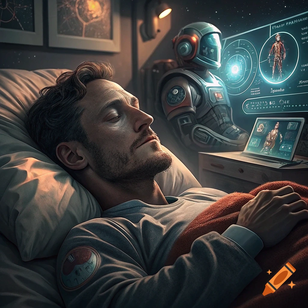 Man sleeping in bed, dreaming of sci-fi. A robot and futuristic screens are beside him.