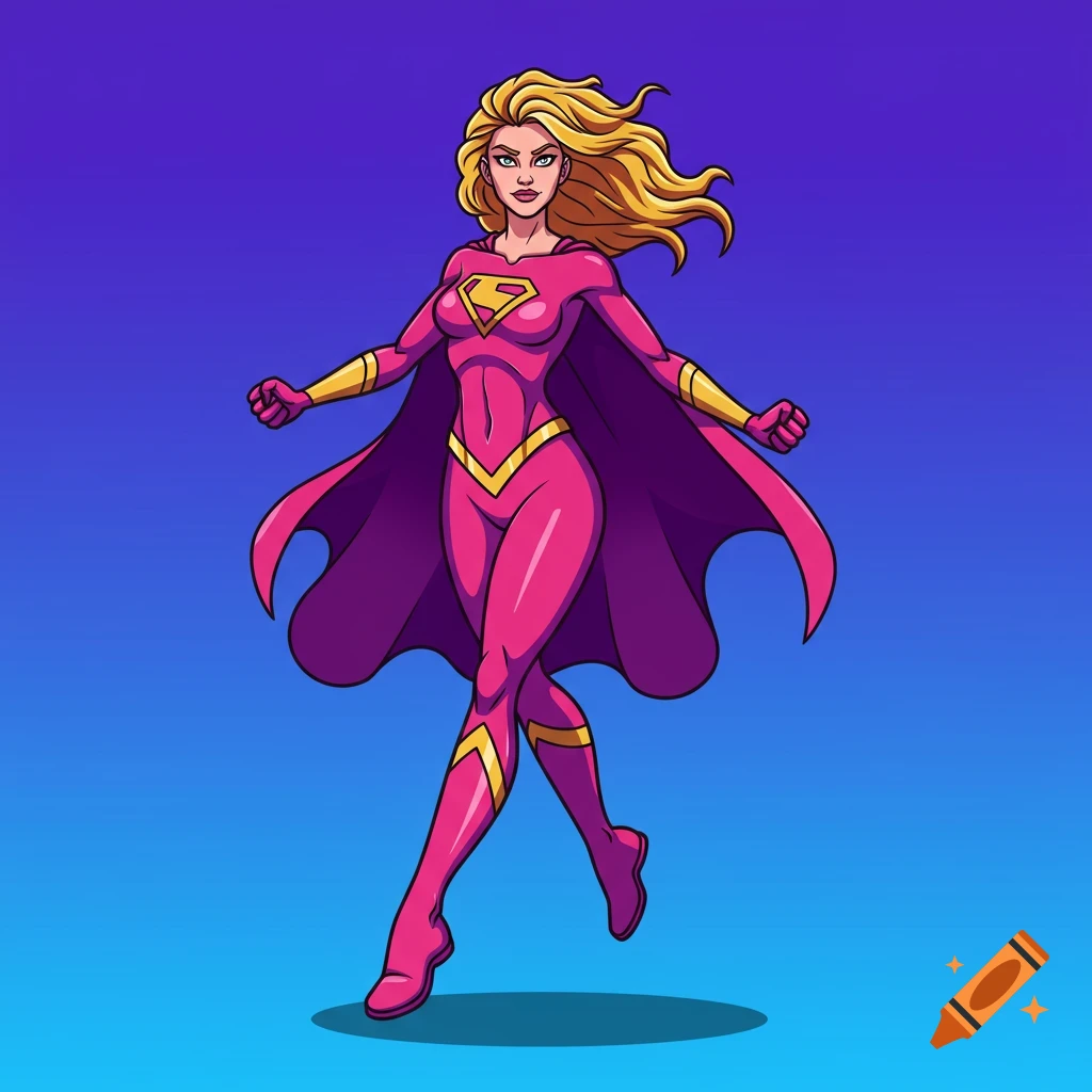 Cartoon female superhero in pink costume with purple cape