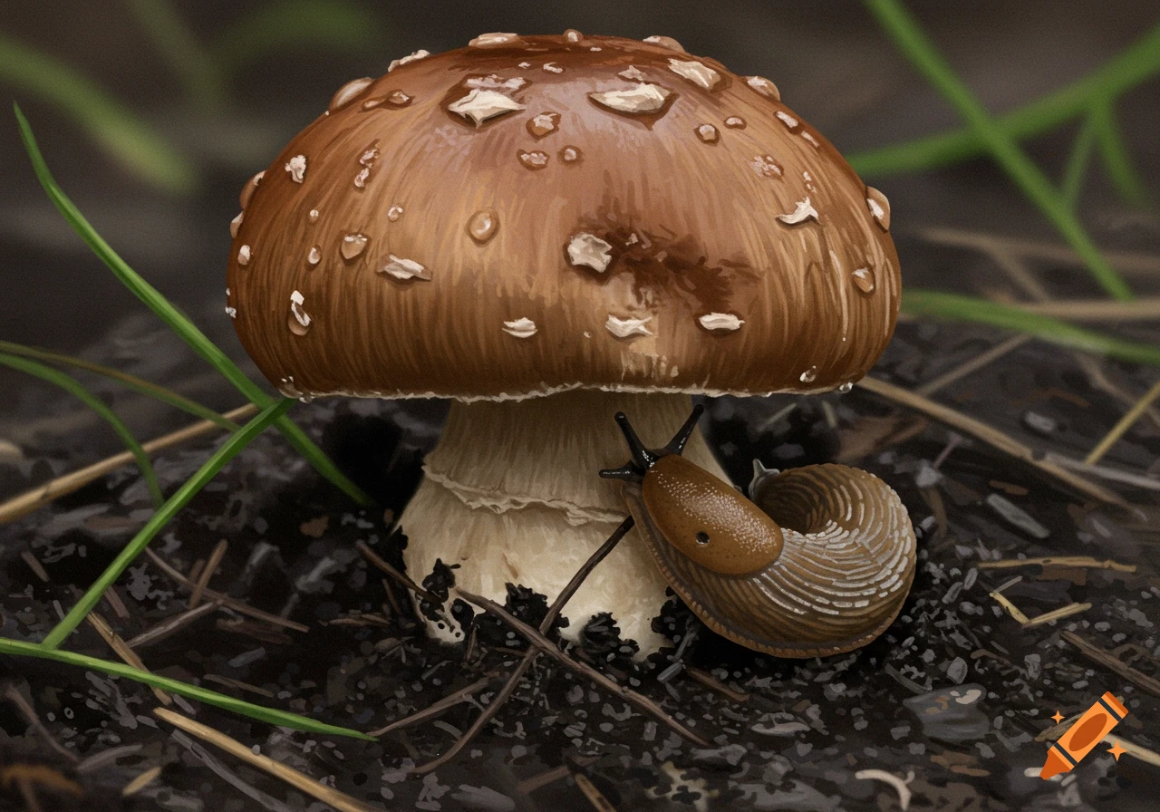 Illustration of a slug crawling on a large brown mushroom covered in dew drops in the dirt.