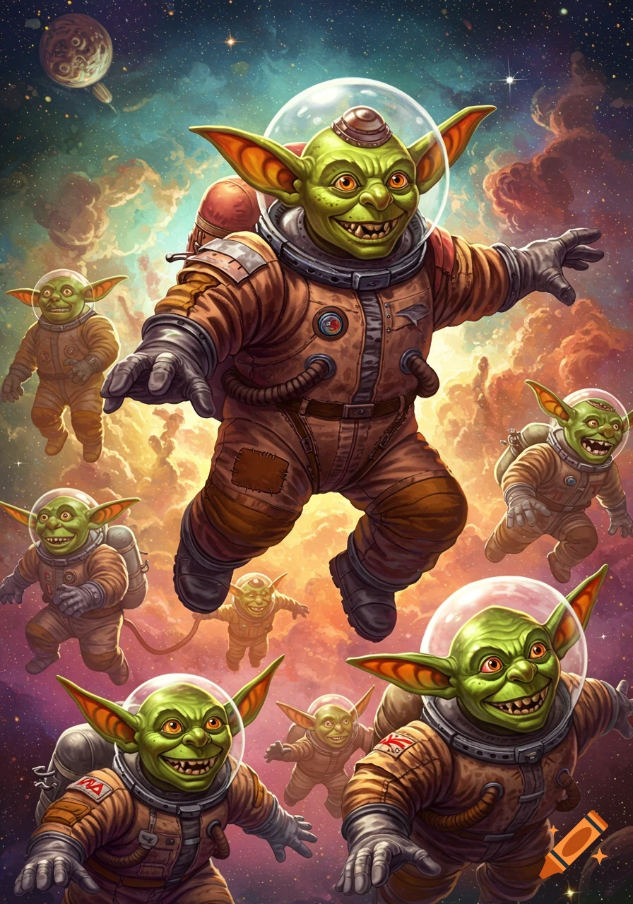 Multiple green goblins in orange space suits float in space