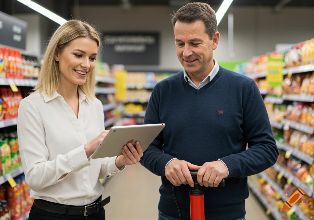A sales rep and a grocery manager look at a tablet in a store.
