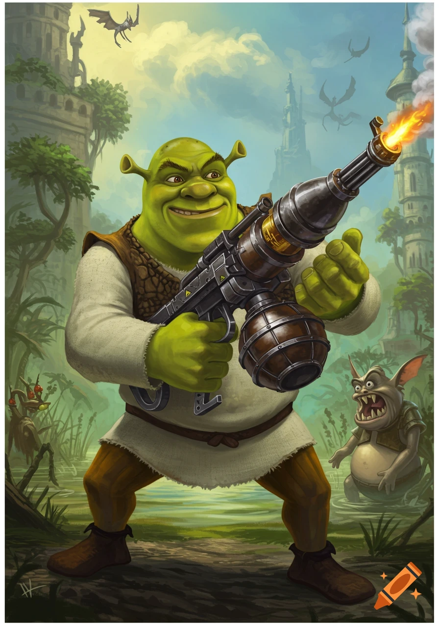 Shrek holding a large weapon in a swamp fantasy landscape.