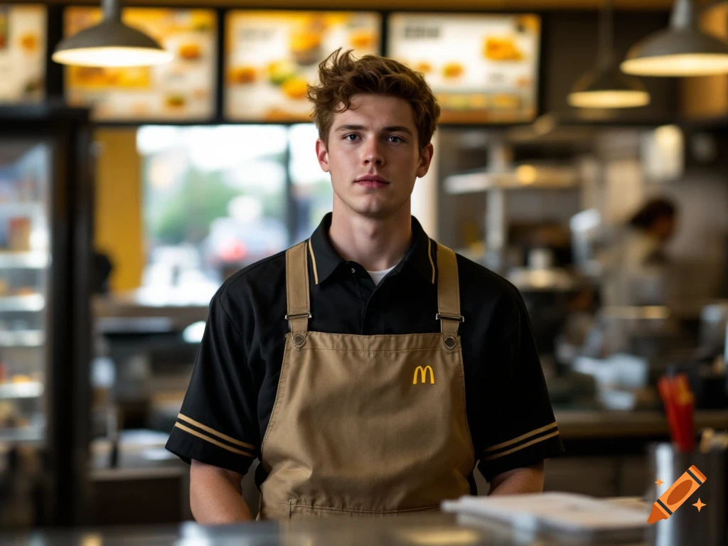A young man wearing a McDonald's uniform stands behind the counter in a restaurant. Photorealistic style.