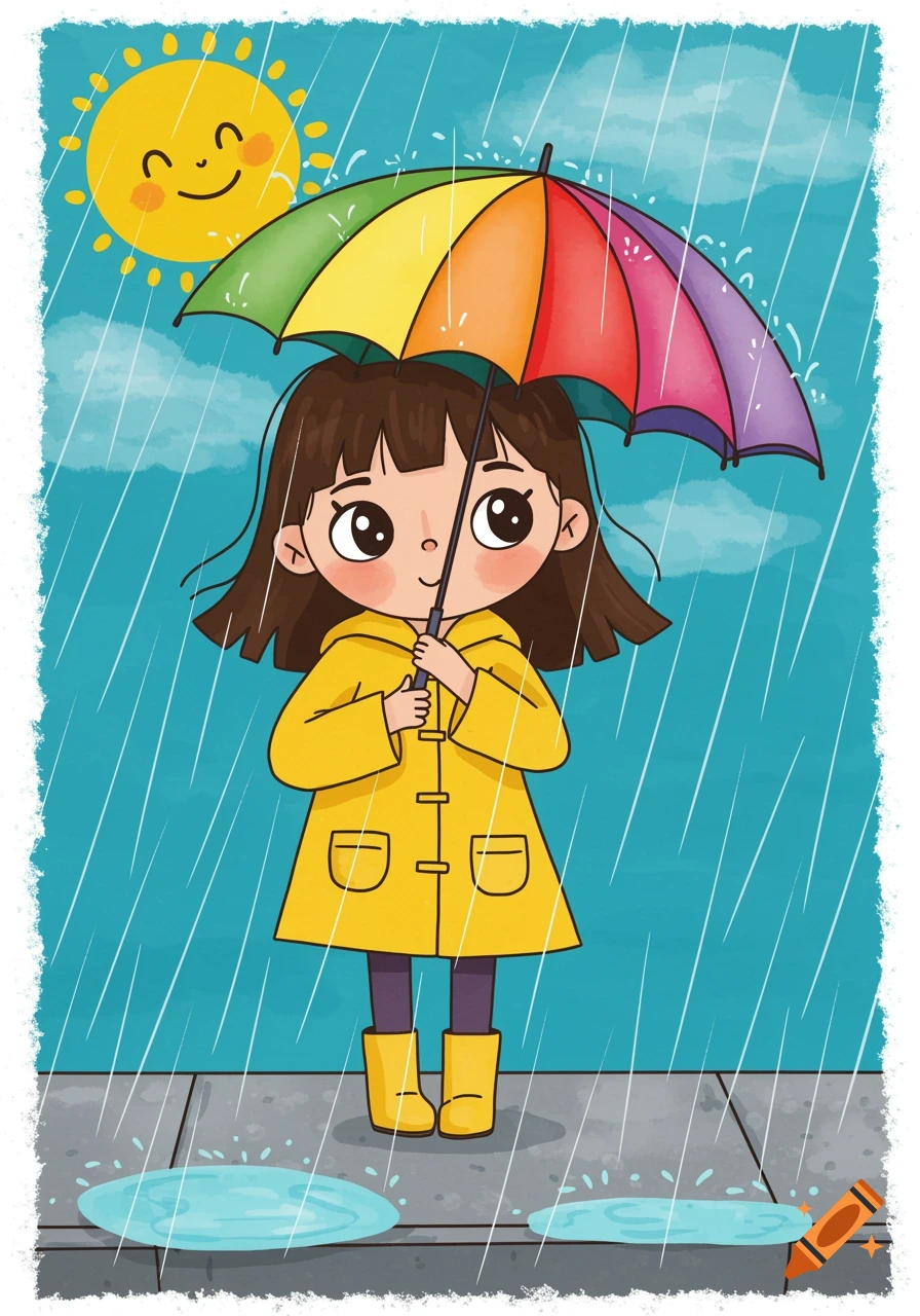 Cartoon illustration of a little girl in a yellow raincoat holding a colorful umbrella under the rain with a smiling sun in the sky.