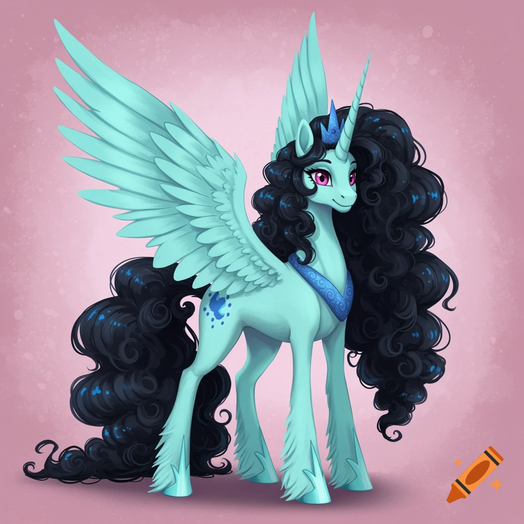 A light blue alicorn with long, curly black mane and tail, pink eyes, blue crown, and collar stands on a pink background.