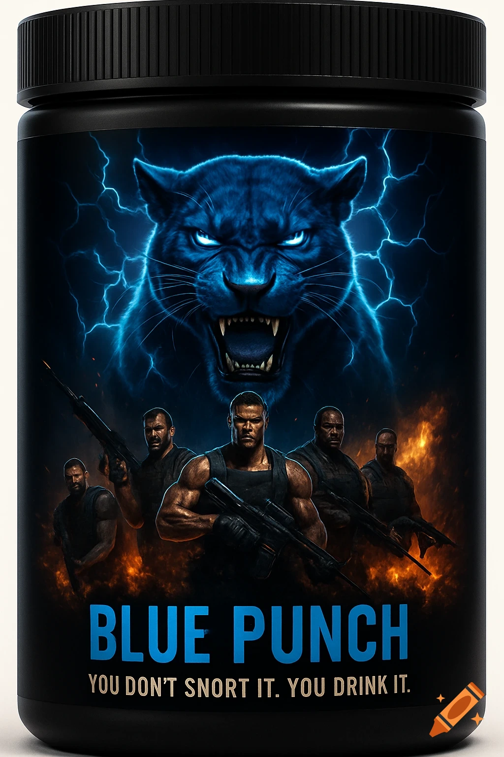 A black product container label showing a blue panther head, lightning, fire, and muscular men with rifles. Text reads "BLUE PUNCH YOU DON'T SNORT IT. YOU DRINK IT."