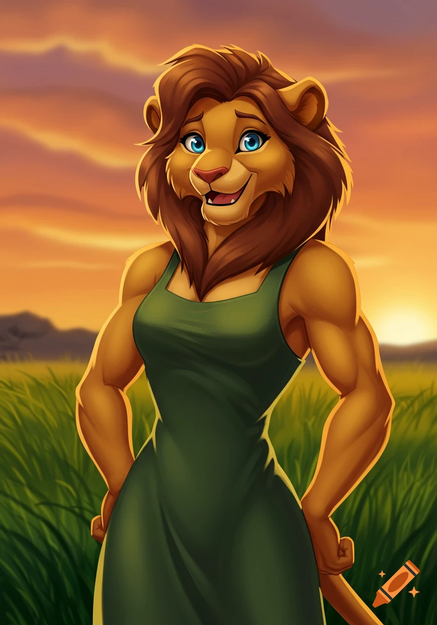Cartoon drawing of a muscular female lioness in a green dress standing in a savanna at sunset.