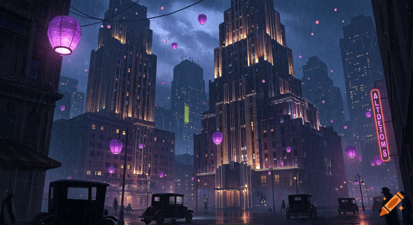 A rainy 1920s Art Deco cityscape with purple lanterns and classic cars.