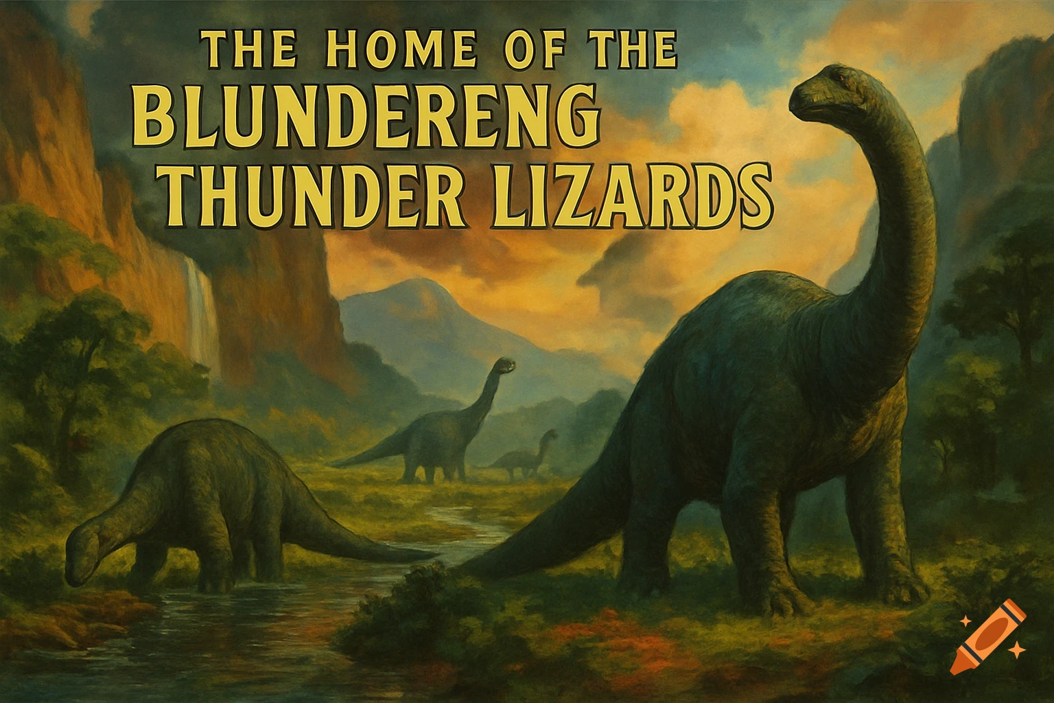 Painting of dinosaurs in a prehistoric landscape with text overlay