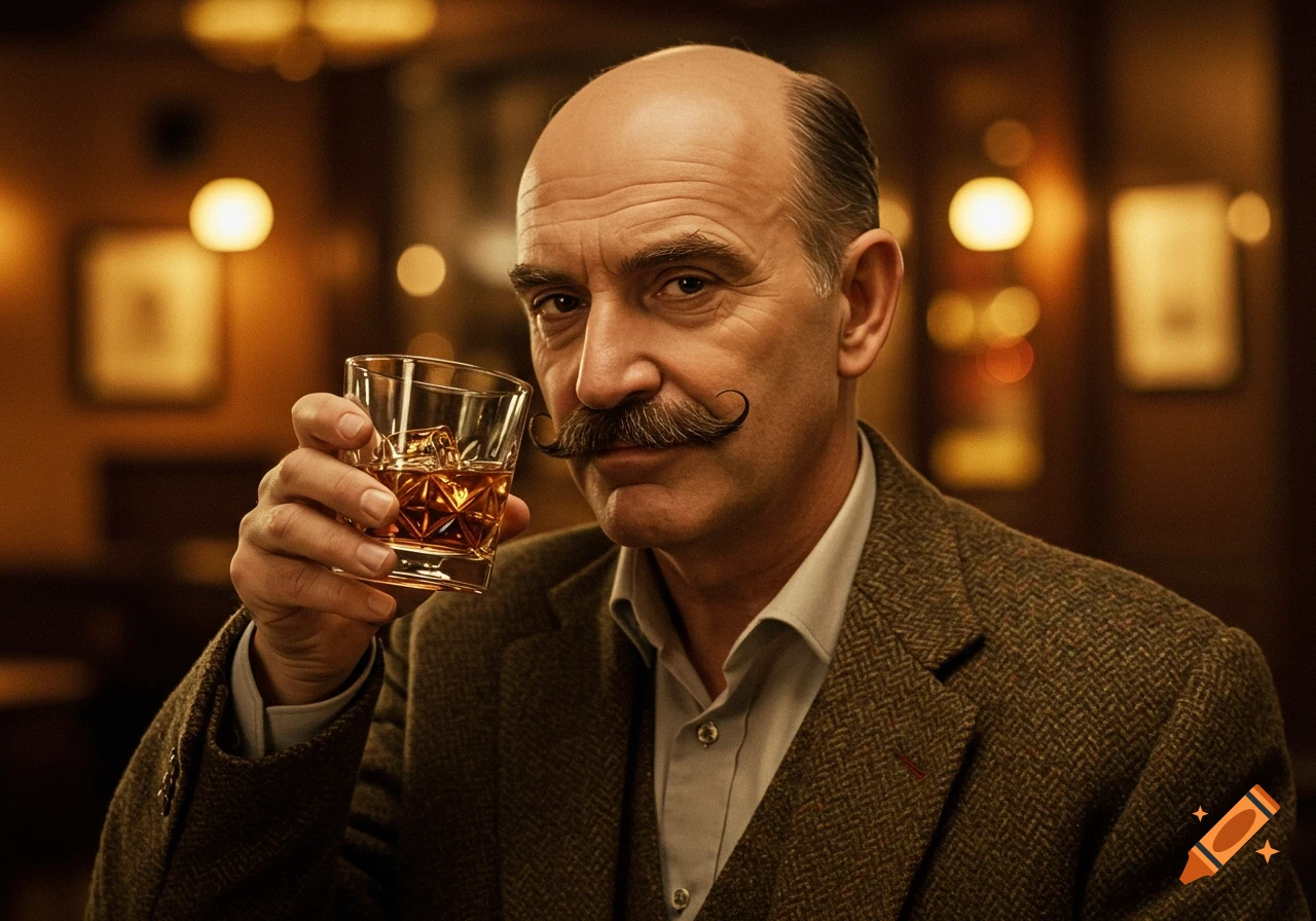 Bald man with a prominent mustache holds a glass of whiskey in a bar, photorealistic style.