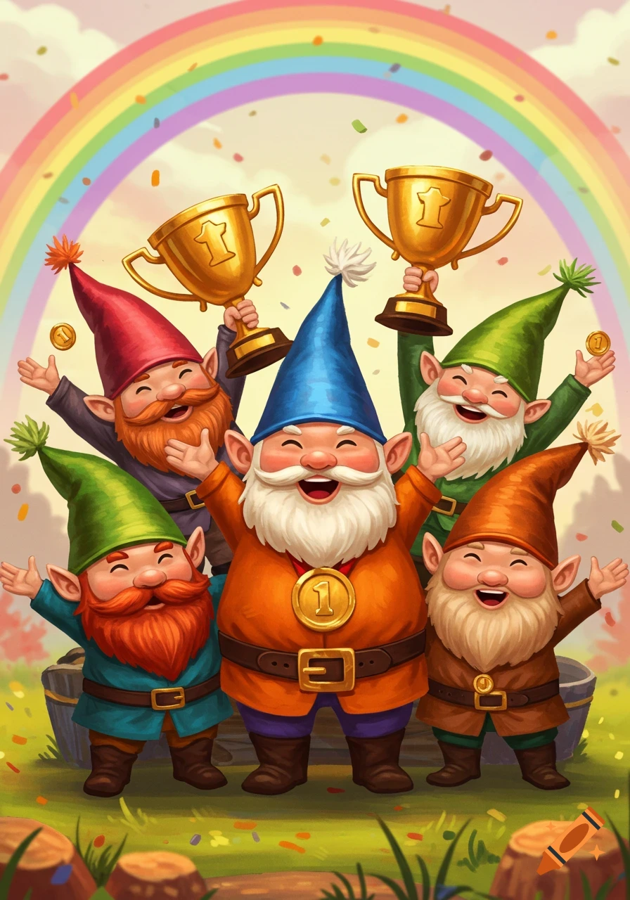 Five happy gnomes celebrating wins, holding trophies under a rainbow.