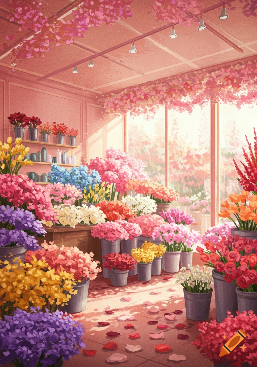 A brightly lit flower shop interior overflowing with colorful bouquets in vases and buckets.