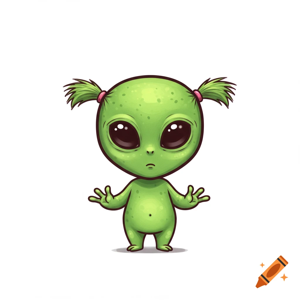 Cute cartoon green alien with pigtails and big eyes.