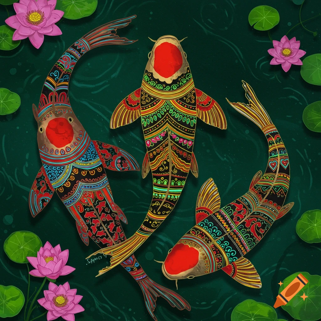 Three colorful, pattern-scaled koi fish swim among pink lotus flowers in dark green water.