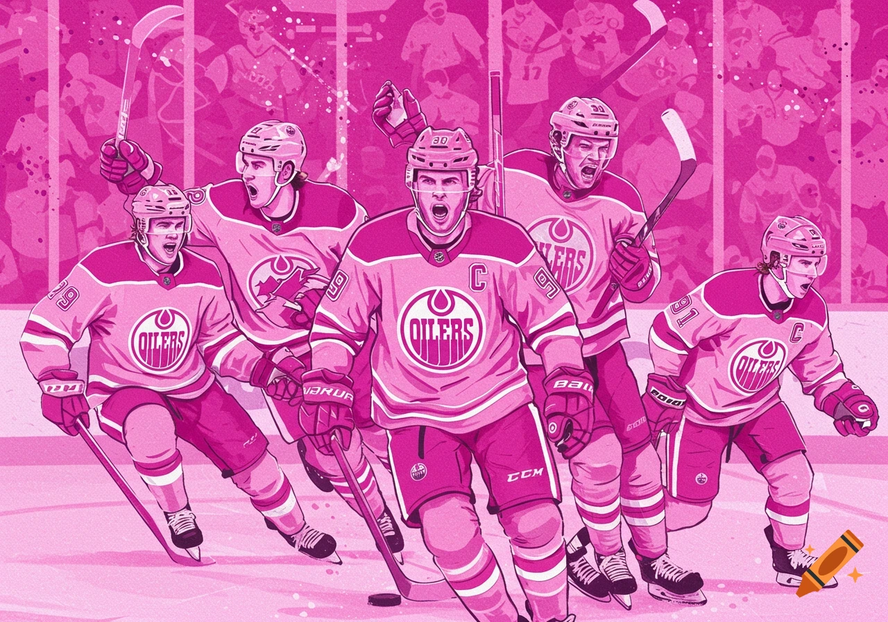 Illustration of several Edmonton Oilers hockey players in pink uniforms on the ice.