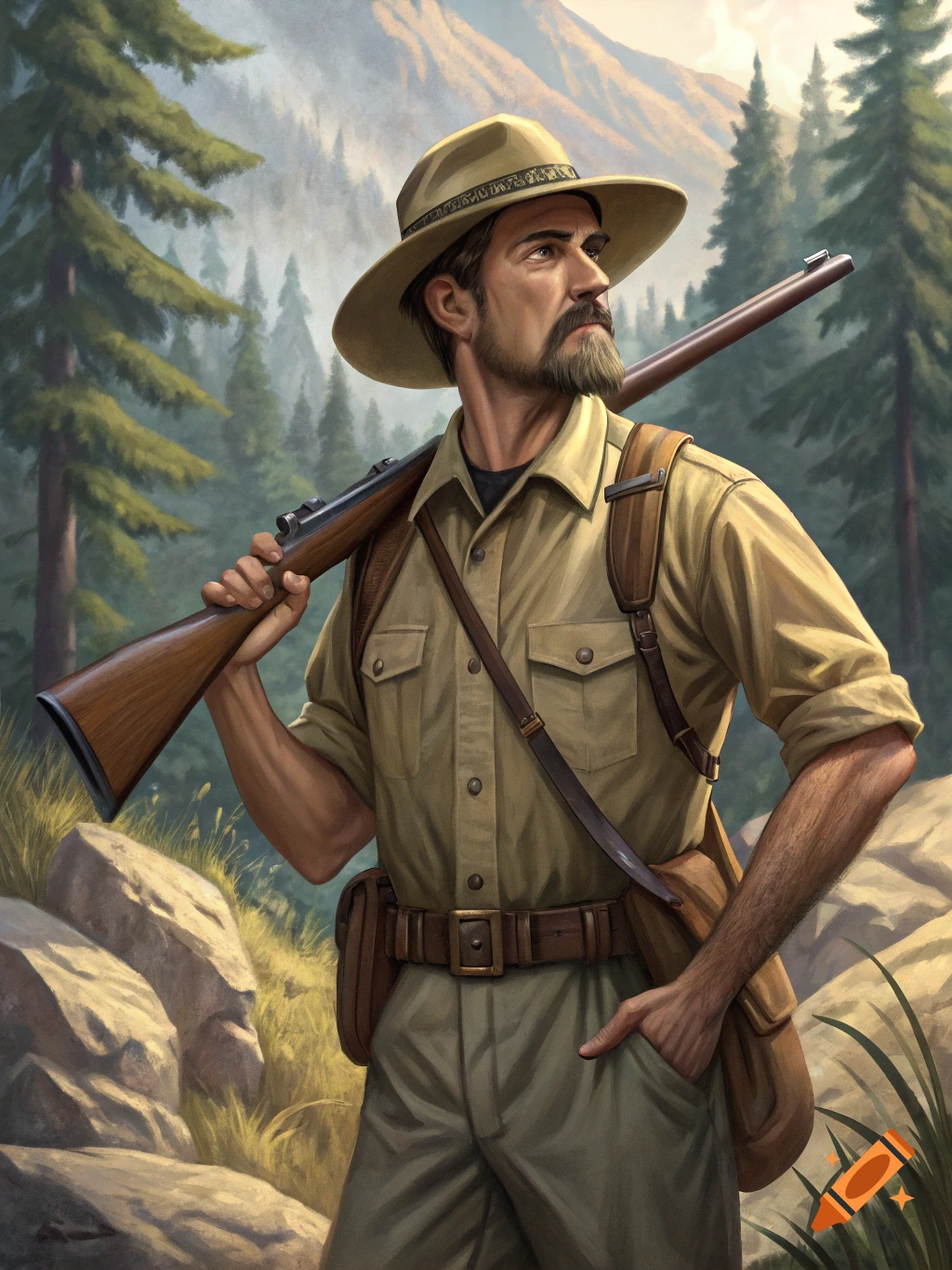 A man dressed as a big game hunter stands in a forest, holding a rifle.