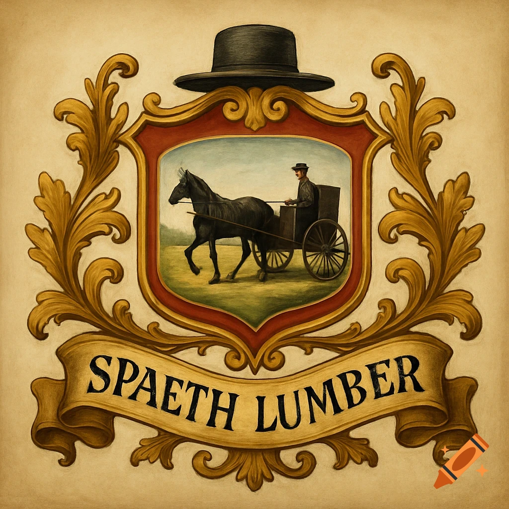 A crest featuring a horse pulling a carriage inside a shield, with a top hat above and decorative leaves around. A banner below reads "SPAETH LUMBER".