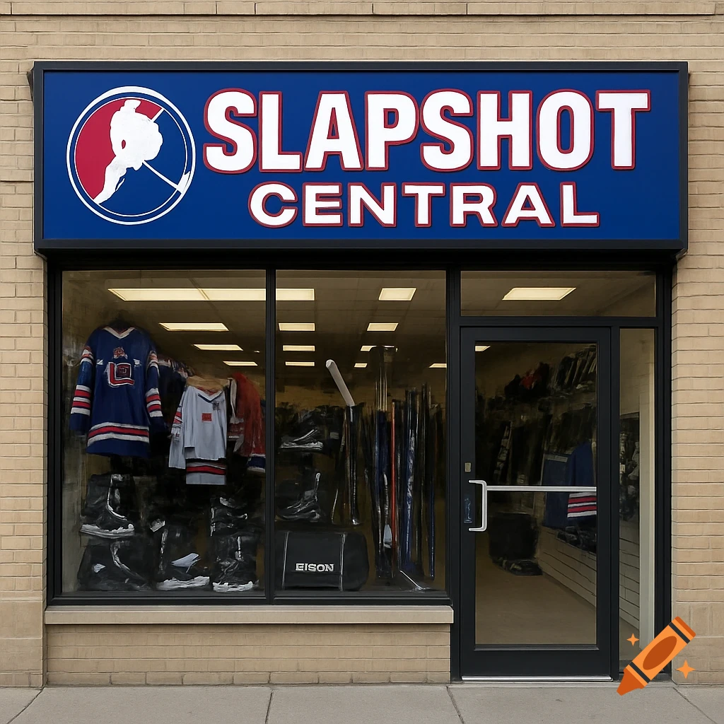 Exterior view of a store named "Slapshot Central" selling hockey equipment. A sign above the window displays the name and a logo.
