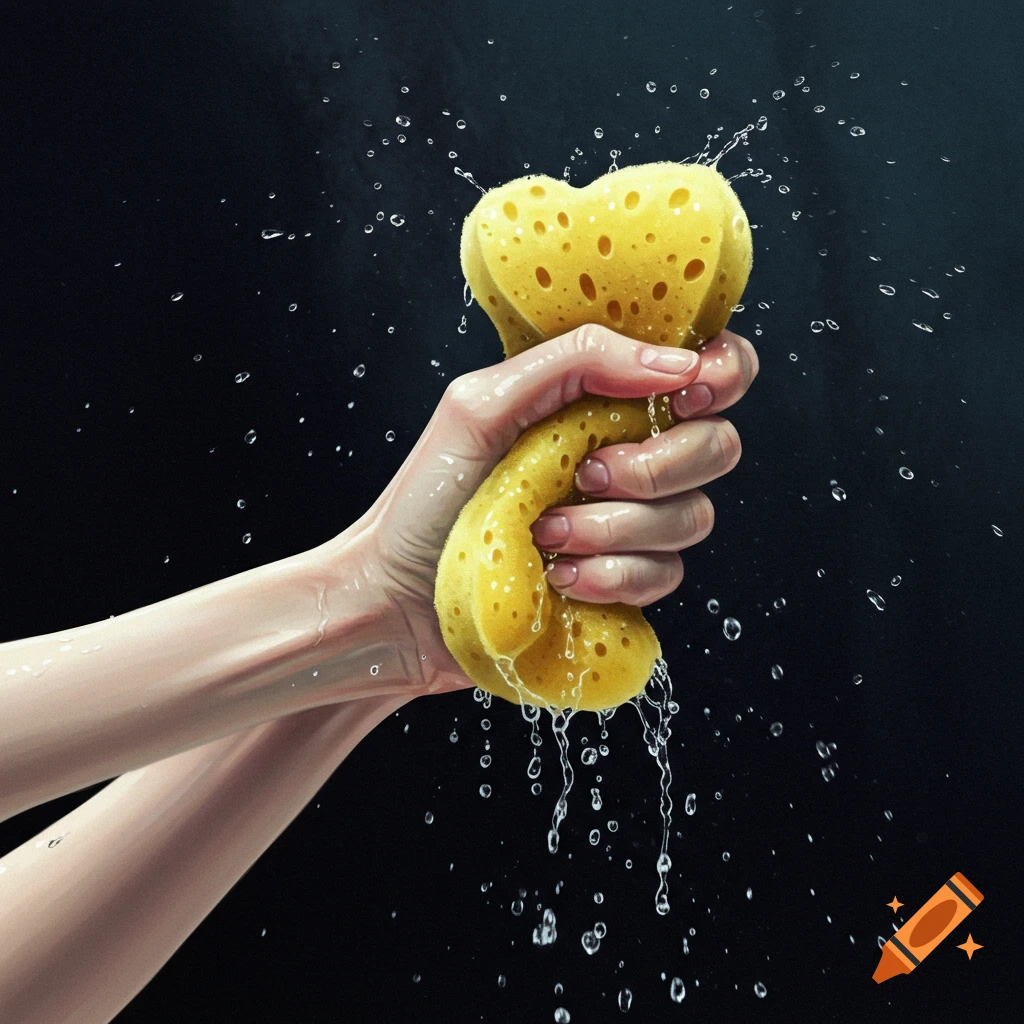 Hand squeezing a yellow sponge with water dripping against a dark background.