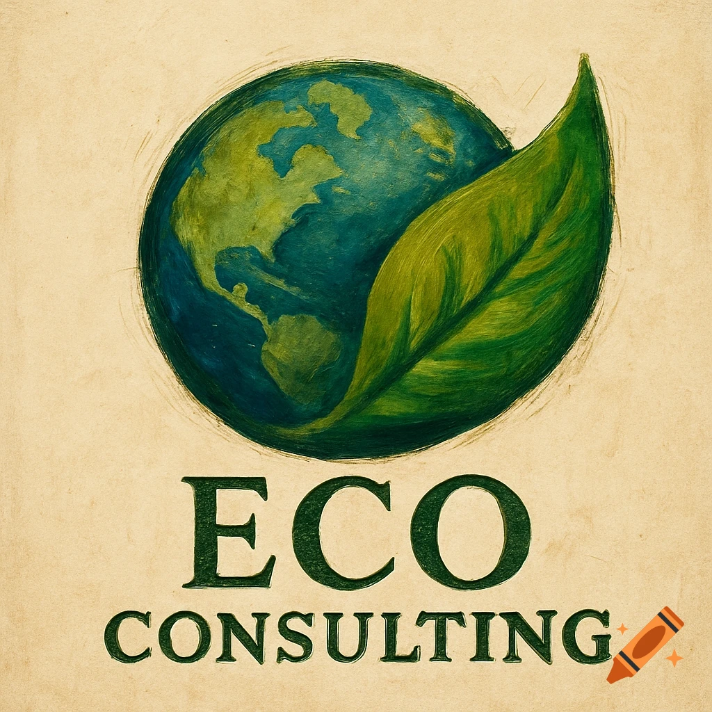 Painting-style logo with Earth wrapped in a green leaf above the text ECO CONSULTING.