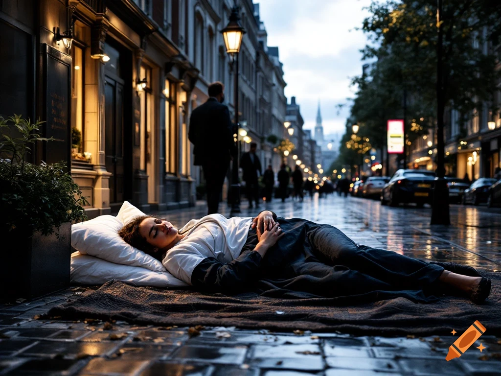Person sleeping on a blanket on a city sidewalk at dusk with blurred streetlights and buildings