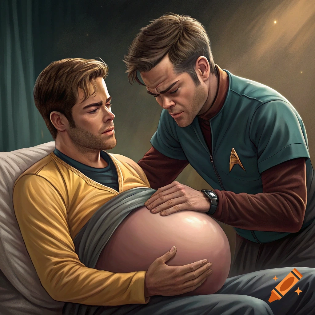 Two men in sci-fi uniforms, one pregnant man lying down while another stands over him, touching his belly. Digital painting.