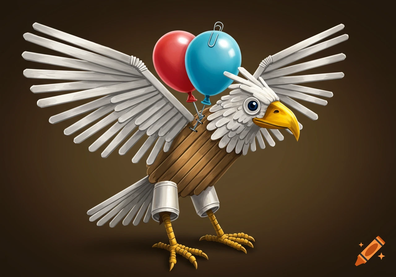 Eagle crafted from straws, popsicle sticks, and cups, holding balloons.
