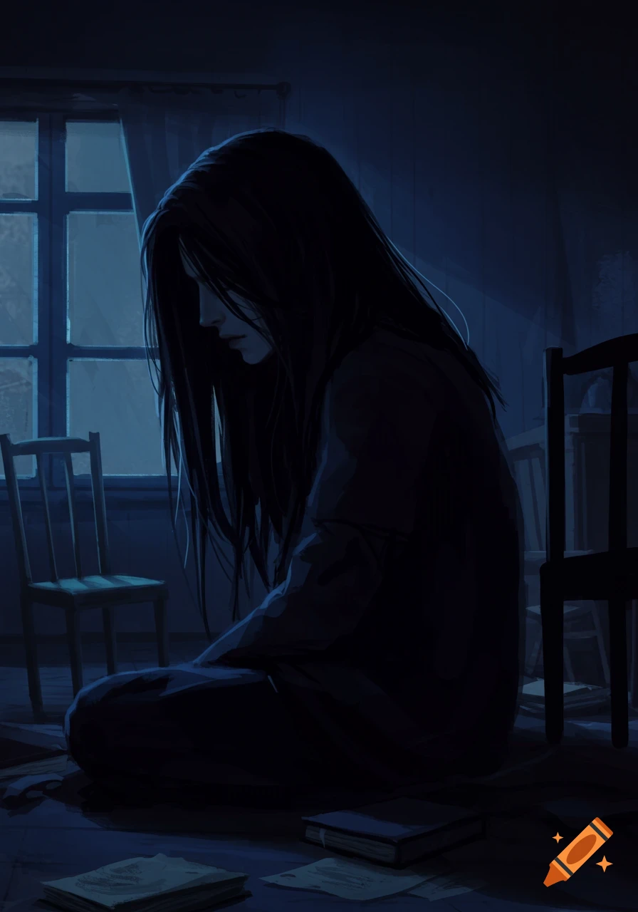 Illustration of a person with long dark hair sitting on the floor in a dimly lit room among books and papers, appearing sad.